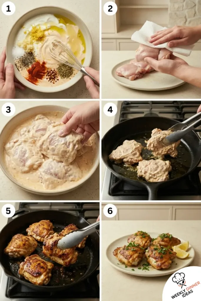 How to Make Greek Yogurt Marinated Chicken Thighs Six-step photo collage showing how to make Greek yogurt marinade, coat chicken thighs, sear, finish, rest, and garnish.