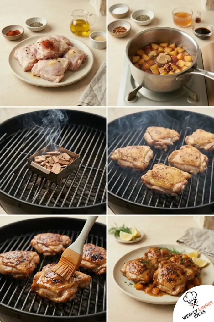 How to Make Smoked Chicken Thighs with Spicy Peach Glaze Six-step guide showing how to make smoked chicken thighs with spicy peach glaze