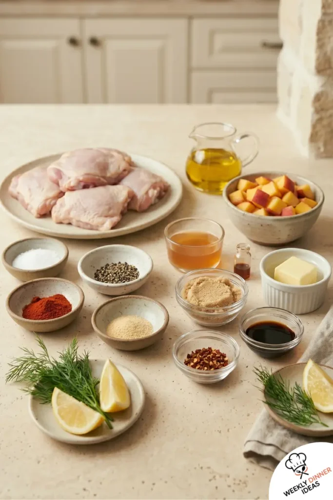 Smoked Chicken Thighs Ingredients Ingredients for smoked chicken thighs with spicy peach glaze on a pale kitchen countertop