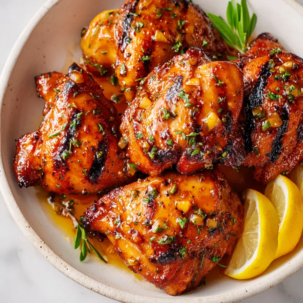 Easy Smoked Chicken Thighs with Spicy Peach Glaze in Just 30 Minutes! 1 Close-up of smoked chicken thighs with spicy peach glaze for a recipe card