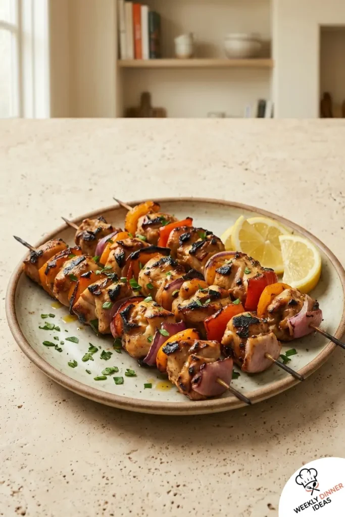 Final plated chicken thigh kebabs with charred edges, herbs, and lemon wedges