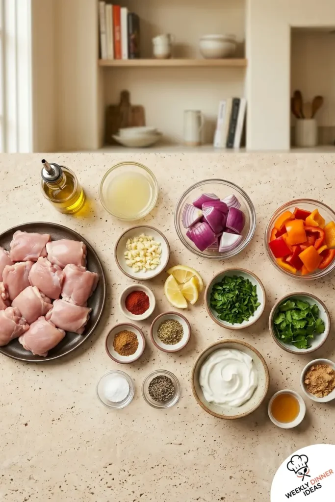 Ingredients for chicken thigh kebabs including chicken thighs, olive oil, lemon, garlic, smoked paprika, cumin, oregano, onion, and bell pepper