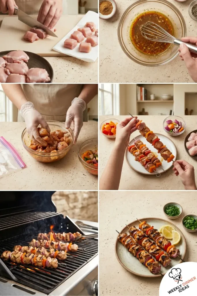 Step-by-step collage showing how to make chicken thigh kebabs from marinating to skewering grilling and serving