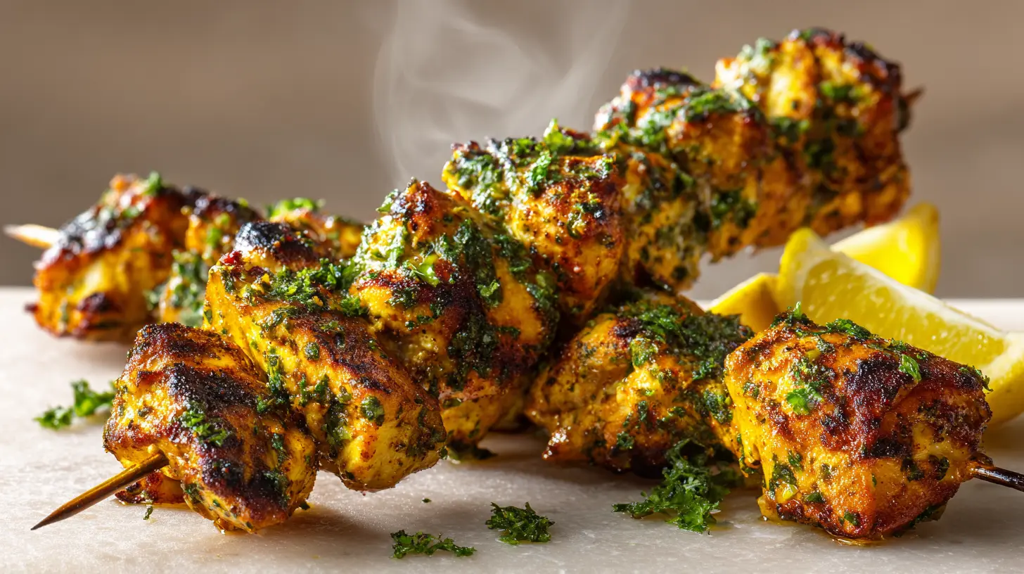 Square recipe image for chicken thigh kebabs with grilled char and lemon