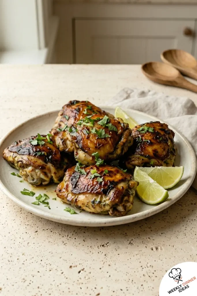 Final plated Cilantro Lime Chicken Thighs with fresh cilantro and lime wedges