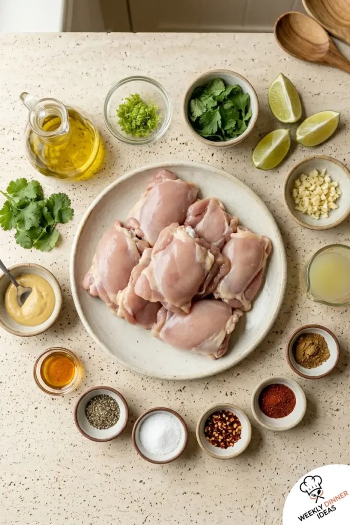 Ingredients for Cilantro Lime Chicken Thighs including chicken thighs, cilantro, lime, garlic, cumin, chili powder, and olive oil
