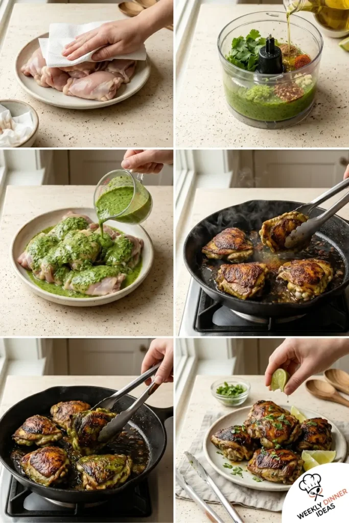 Step-by-step collage showing how to make Cilantro Lime Chicken Thighs from marinade to skillet cooking and serving