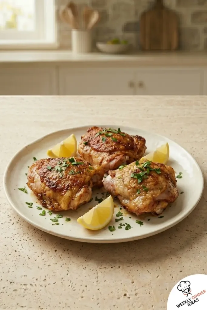 Final plated Crispy Baked Chicken Thighs with crunchy skin and lemon garnish