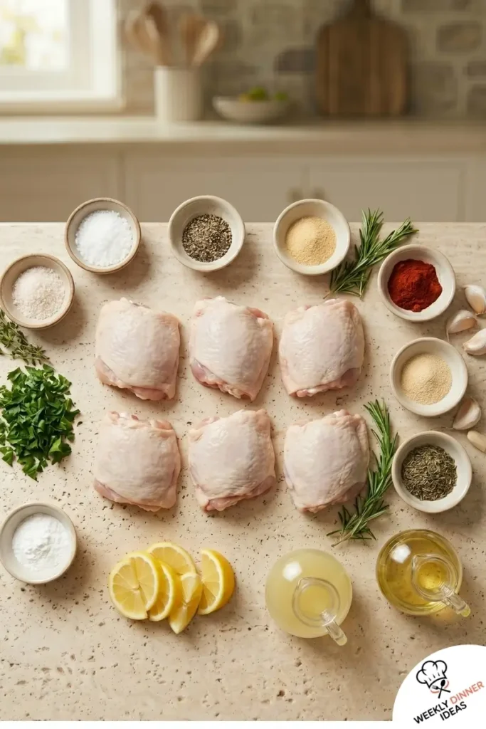 Ingredients for Crispy Baked Chicken Thighs including chicken thighs, oil, paprika, garlic powder, onion powder, thyme, lemon, parsley, and baking powder