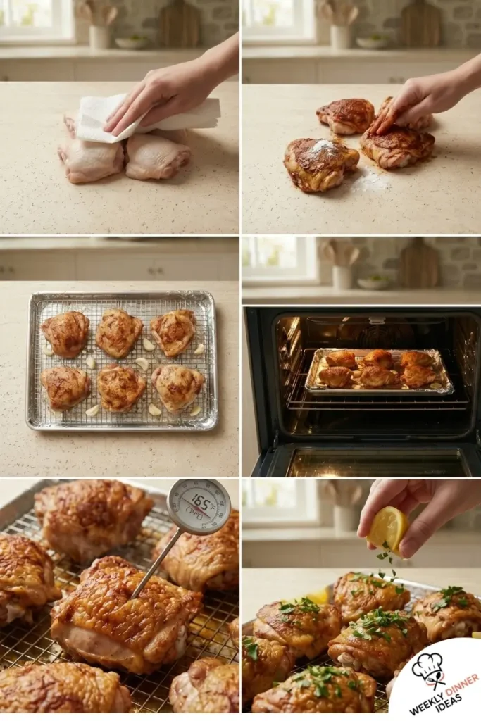 Step-by-step collage showing how to make Crispy Baked Chicken Thighs from drying and seasoning to baking and resting
