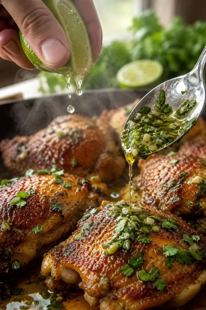 crispy-cilantro-lime-chicken-thighs-final Close-up of Crispy Cilantro Lime Chicken Thighs with lime juice and fresh cilantro over crackly golden skin.