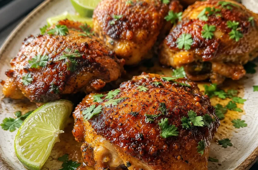 Crispy Cilantro Lime Chicken Thighs with golden skin, fresh cilantro, lime wedges, and smoky spices.