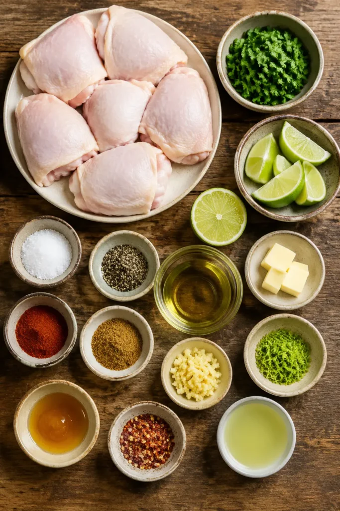 crispy-cilantro-lime-chicken-thighs-ingredients Ingredients for Crispy Cilantro Lime Chicken Thighs arranged on a rustic wooden kitchen table.