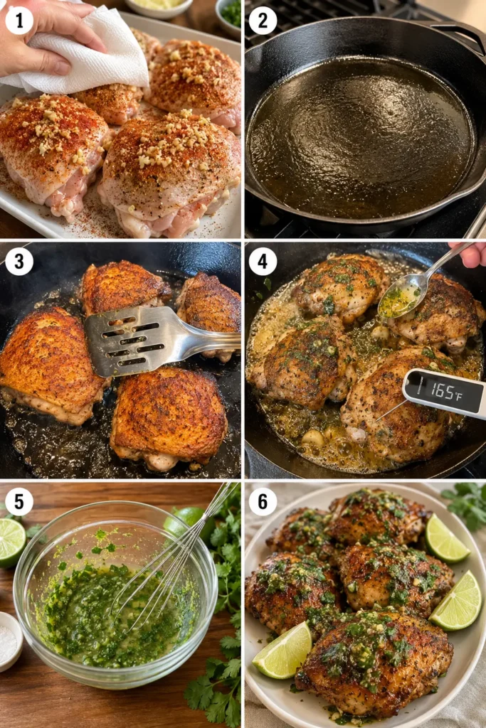 crispy-cilantro-lime-chicken-thighs-steps Six-step collage showing how to prepare Crispy Cilantro Lime Chicken Thighs.