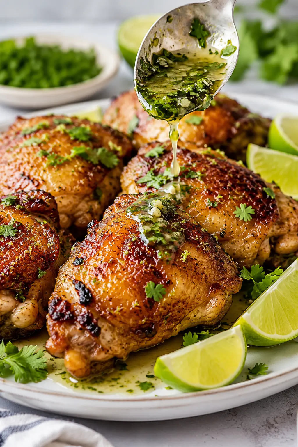 Easy Crispy Cilantro Lime Chicken Thighs in Just 30 Minutes! 1 Crispy Cilantro Lime Chicken Thighs arranged neatly for recipe card with lime wedges and cilantro garnish.