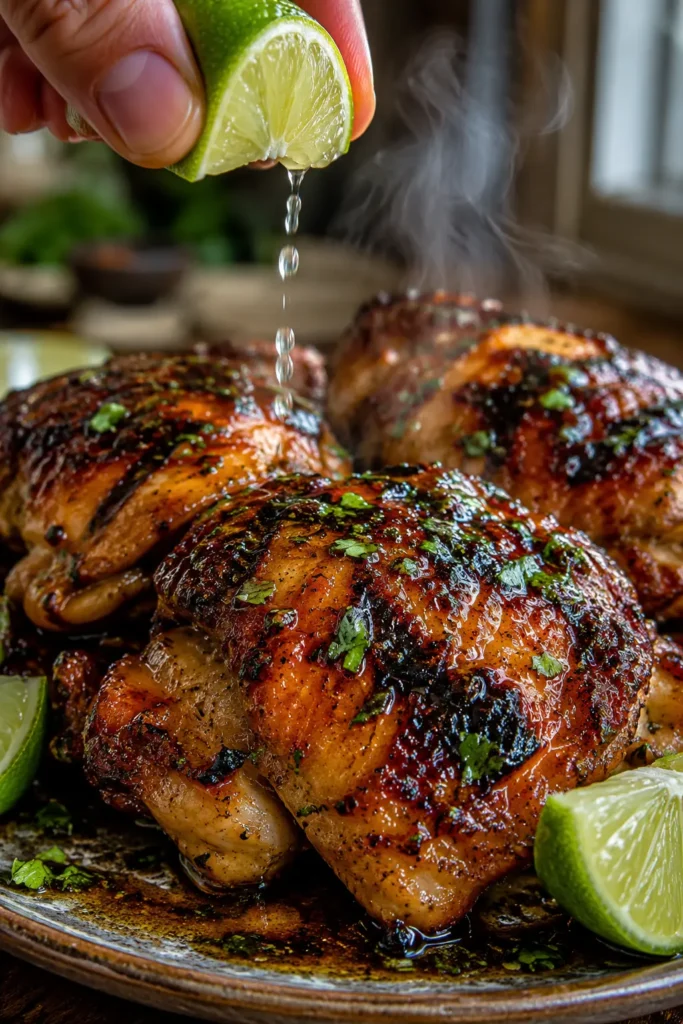 honey-lime-grilled-chicken-thighs-final Close-up of Honey Lime Grilled Chicken Thighs with sticky glaze and lime being squeezed over the top.