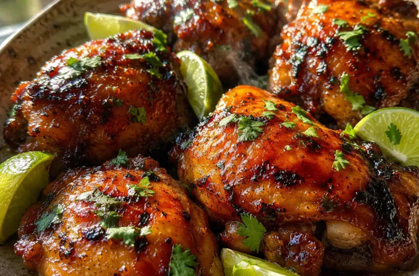 Honey Lime Grilled Chicken Thighs with caramelized char, fresh lime wedges, cilantro, and smoky glaze.