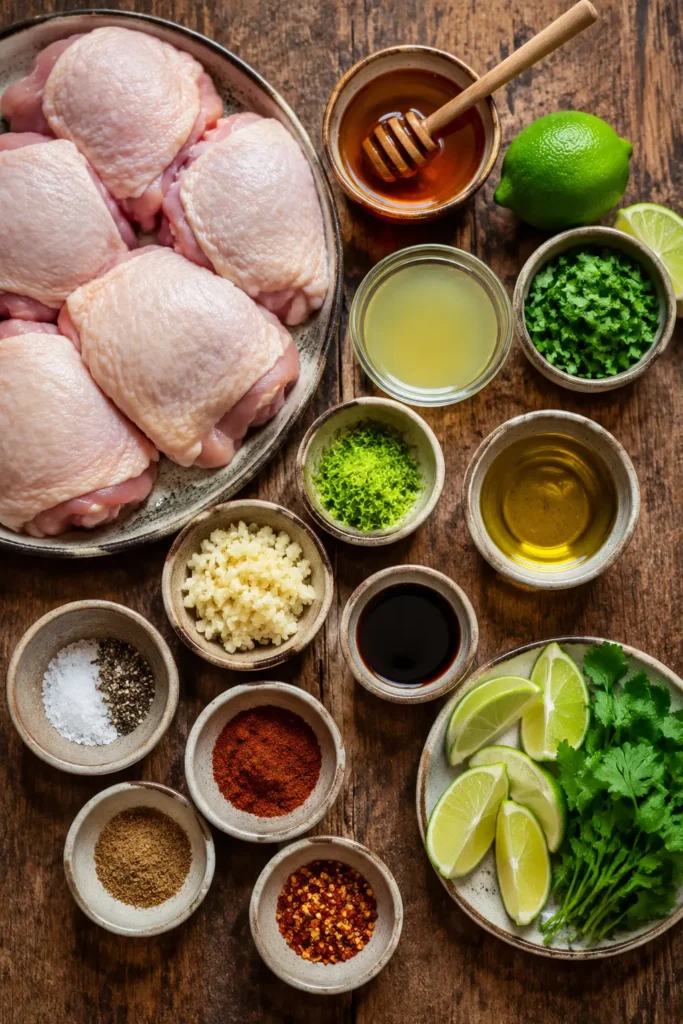 honey-lime-grilled-chicken-thighs-ingredients Ingredients for Honey Lime Grilled Chicken Thighs arranged on a rustic wooden table.