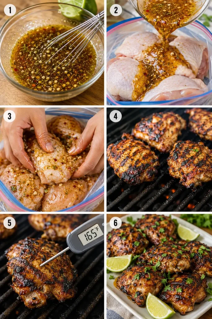 honey-lime-grilled-chicken-thighs-steps Six-step collage showing how to prepare Honey Lime Grilled Chicken Thighs.