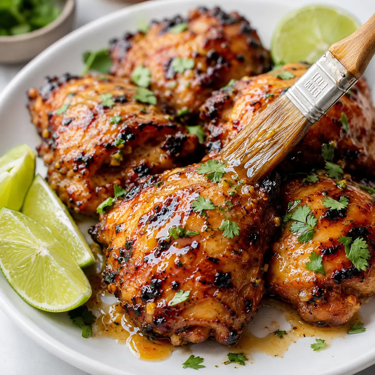 Savor the Ultimate Honey Lime Grilled Chicken Thighs for Dinner! 1 Honey Lime Grilled Chicken Thighs arranged neatly for recipe card with lime wedges and cilantro.