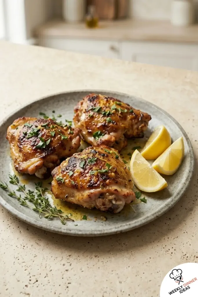 Final plated Lemon Garlic Air Fryer Chicken Thighs with browned edges, garlic, and lemon wedges