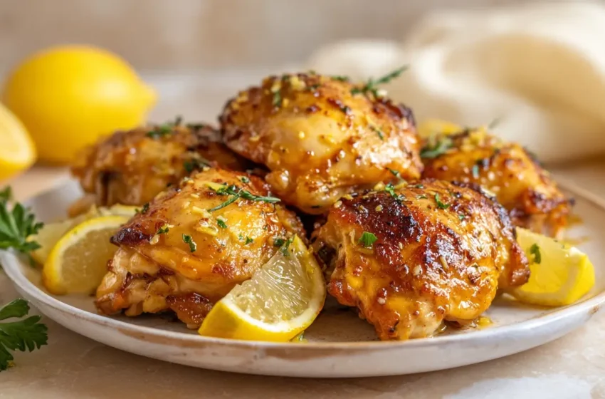 Lemon Garlic Air Fryer Chicken Thighs with browned edges, lemon zest, garlic, and parsley