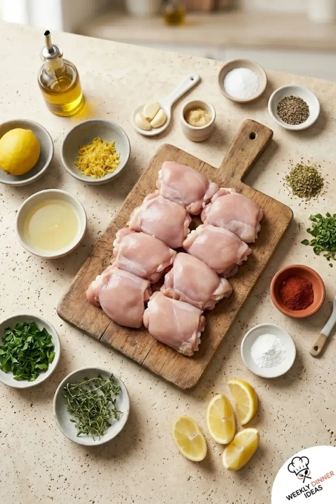 Ingredients for Lemon Garlic Air Fryer Chicken Thighs including chicken thighs, olive oil, lemon, garlic, oregano, paprika, and parsley