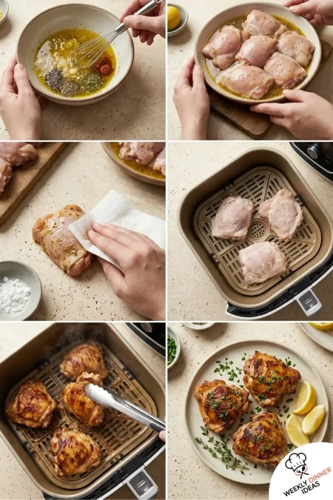 Step-by-step collage showing how to make Lemon Garlic Air Fryer Chicken Thighs from marinating to air frying and serving
