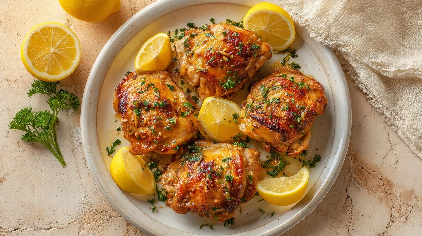 Square recipe image for Lemon Garlic Air Fryer Chicken Thighs with lemon zest and browned edges