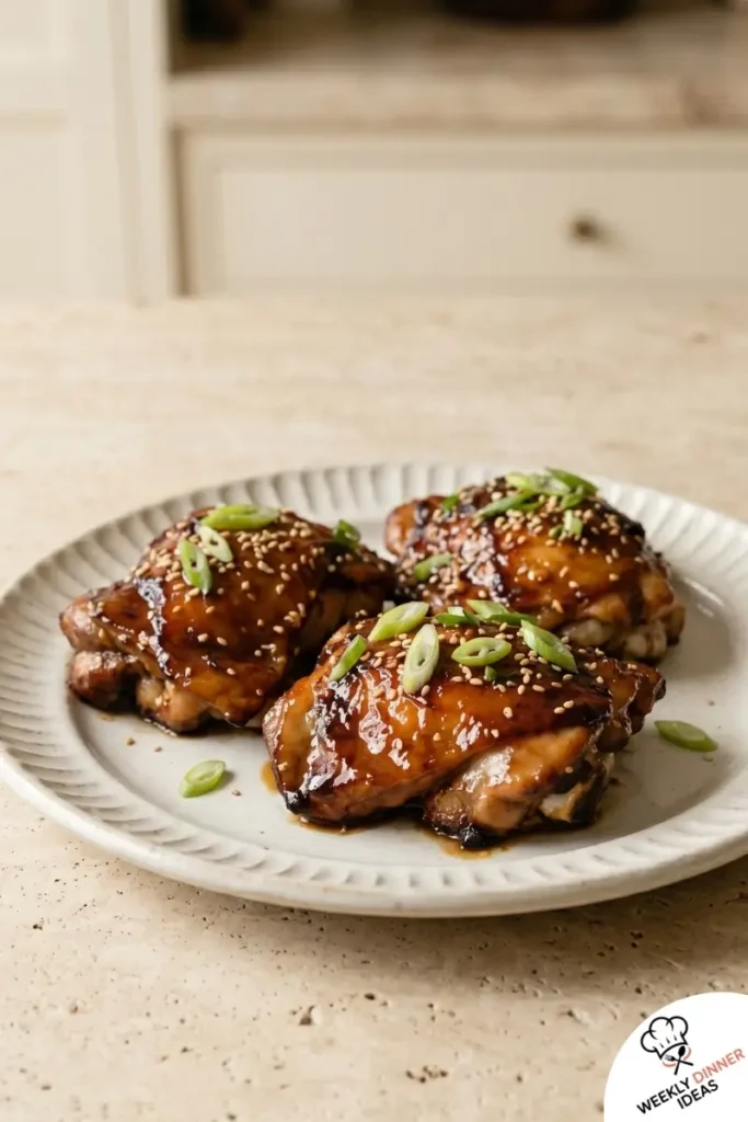 Final plated Teriyaki Chicken Thighs with sticky glaze, green onions, and sesame seeds