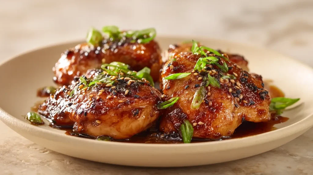 Teriyaki Chicken Thighs with glossy sticky glaze, green onions, and sesame seeds