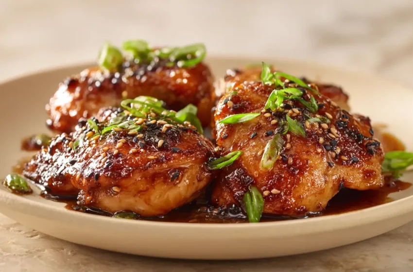 Teriyaki Chicken Thighs with glossy sticky glaze, green onions, and sesame seeds