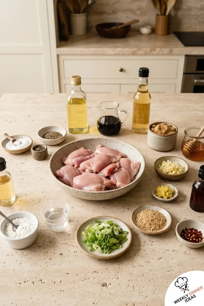 Ingredients for Teriyaki Chicken Thighs including chicken thighs, soy sauce, mirin, brown sugar, garlic, ginger, green onions, and sesame seeds