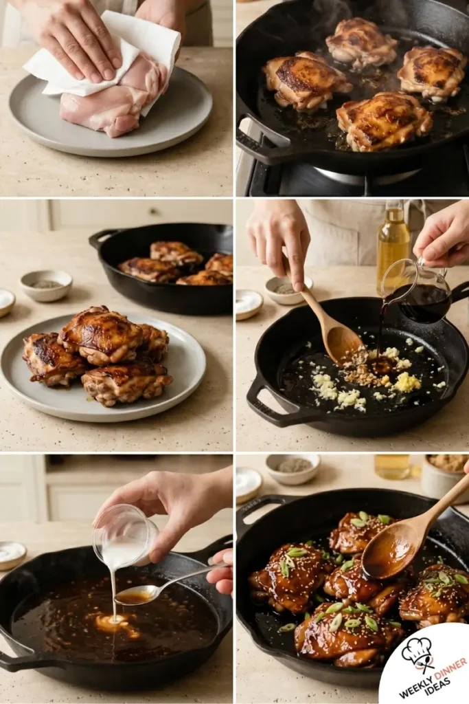 Step-by-step collage showing how to make Teriyaki Chicken Thighs from searing to sauce thickening and glazing