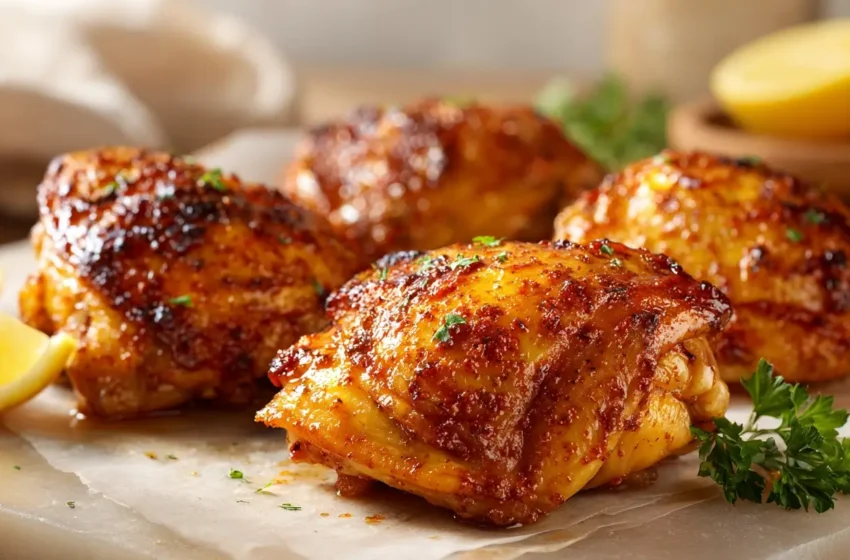Crispy Baked Chicken Thighs with golden crunchy skin and simple seasoning