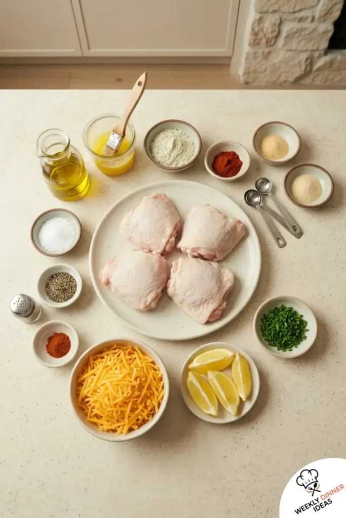 Cheddar Ranch Chicken Thighs Ingredients Ingredients for cheddar ranch chicken thighs including chicken thighs, ranch seasoning, cheddar cheese, paprika, garlic powder, onion powder, butter, herbs, and lemon.
