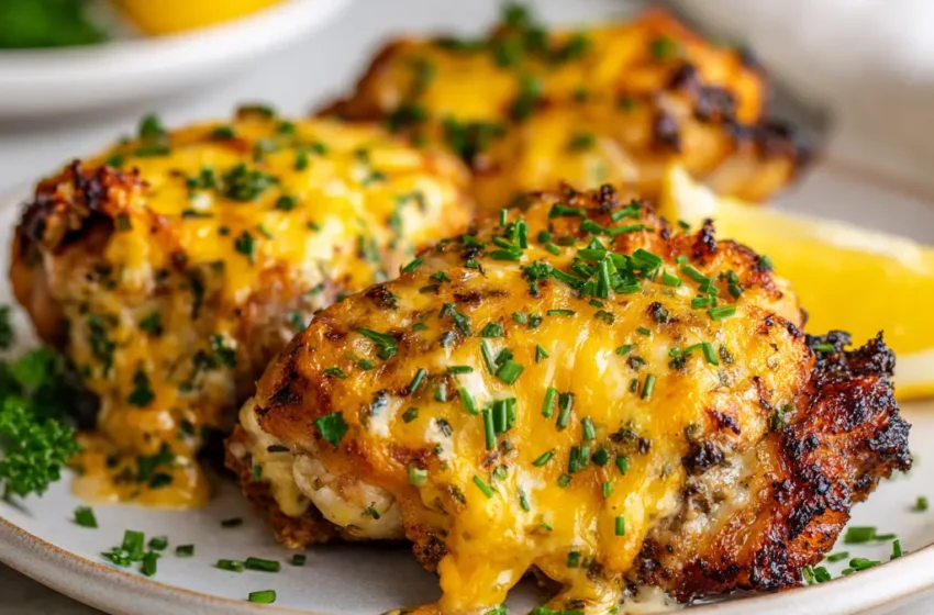 Cheddar ranch chicken thighs with crispy golden skin, melted sharp cheddar, fresh chives or parsley, and lemon wedges.