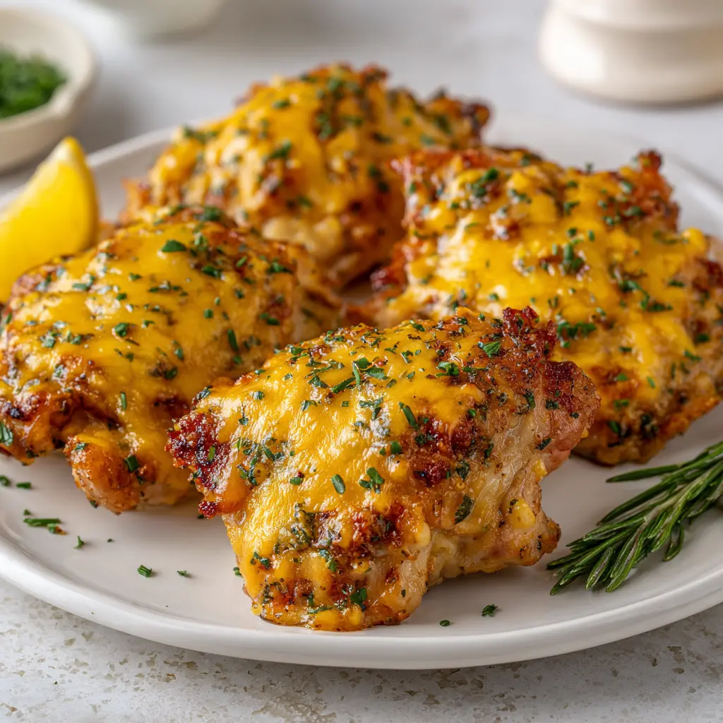 Irresistible Cheddar Ranch Chicken Thighs: A Flavor Explosion! 1 Square recipe image of cheddar ranch chicken thighs with crispy skin, melted cheddar, fresh herbs, and lemon wedges.