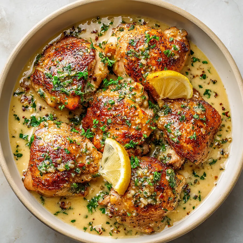 Easy and Delicious Creamy Honey Garlic Boneless Skinless Chicken Thighs in 30 Minutes! 1 Square recipe image of creamy honey garlic boneless chicken thighs with silky sauce, fresh herbs, and lemon wedges.
