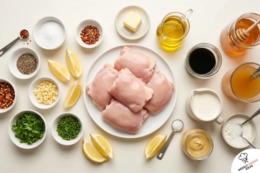 Creamy Honey Garlic Chicken Thighs Ingredients Ingredients for creamy honey garlic chicken thighs including chicken thighs, honey, garlic, cream, butter, soy sauce, broth, Dijon, herbs, and lemon.