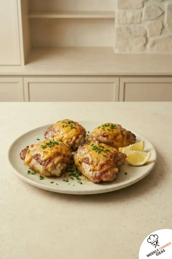 Finished Cheddar Ranch Chicken Thighs Finished cheddar ranch chicken thighs with crispy skin, melted cheddar cheese, fresh chives or parsley, and lemon wedges.