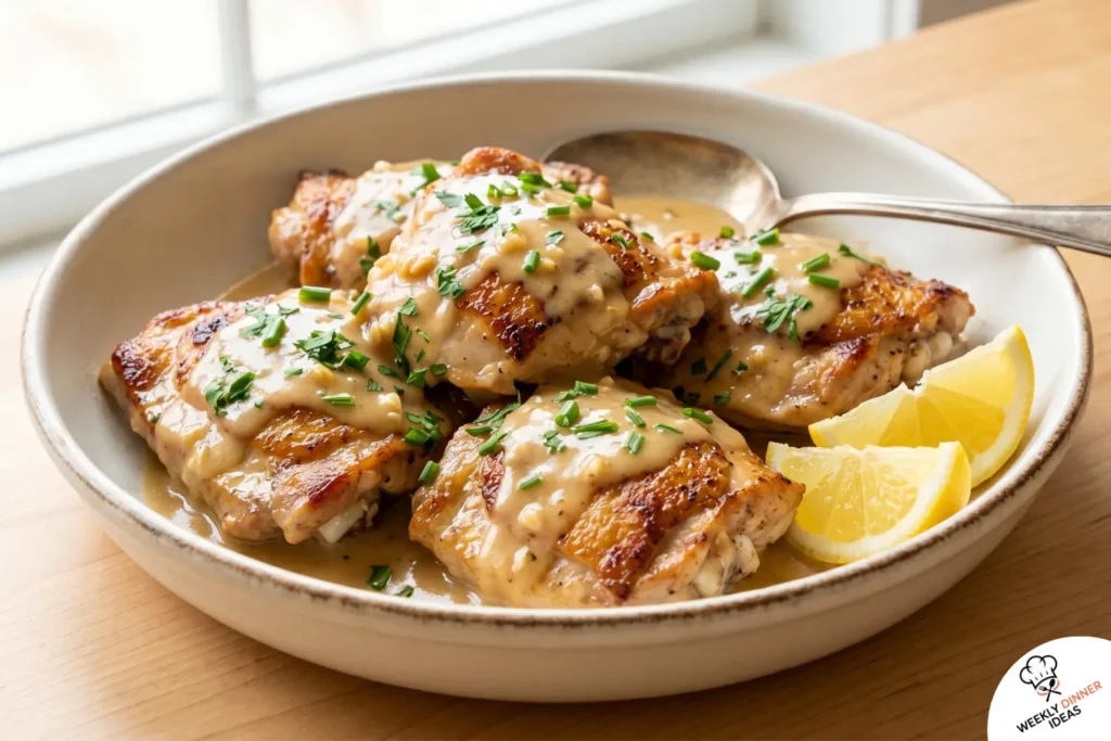 Finished Creamy Honey Garlic Boneless Chicken Thighs Finished creamy honey garlic boneless chicken thighs with golden seared edges, silky cream sauce, parsley or chives, and lemon wedges.