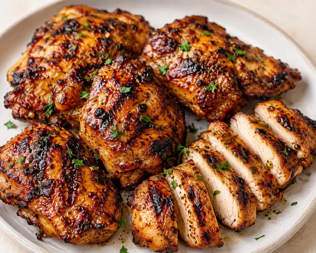 Finished Juicy Grilled Boneless Chicken Thighs Finished juicy grilled boneless chicken thighs with golden grill marks, caramelized edges, and tender sliced meat.