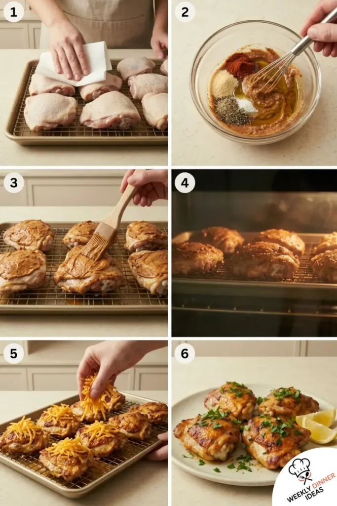 How to Make Cheddar Ranch Chicken Thighs Six-step photo collage showing how to dry, season, roast, add cheddar, broil, and finish cheddar ranch chicken thighs.