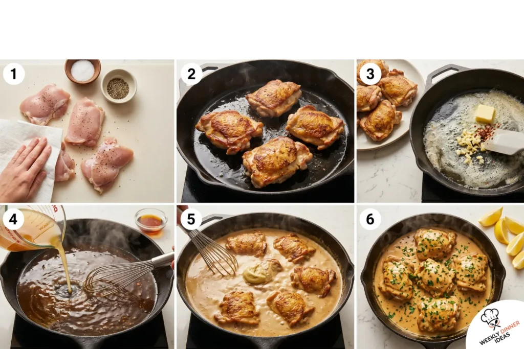 How to Make Creamy Honey Garlic Chicken Thighs Six-step photo collage showing how to season, sear, make honey garlic cream sauce, simmer, finish, and garnish chicken thighs.