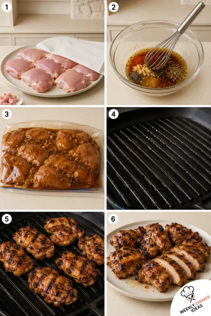 How to Make Juicy Grilled Boneless Chicken Thighs Six-step photo collage showing how to dry, marinate, grill, rest, and slice juicy grilled boneless chicken thighs.
