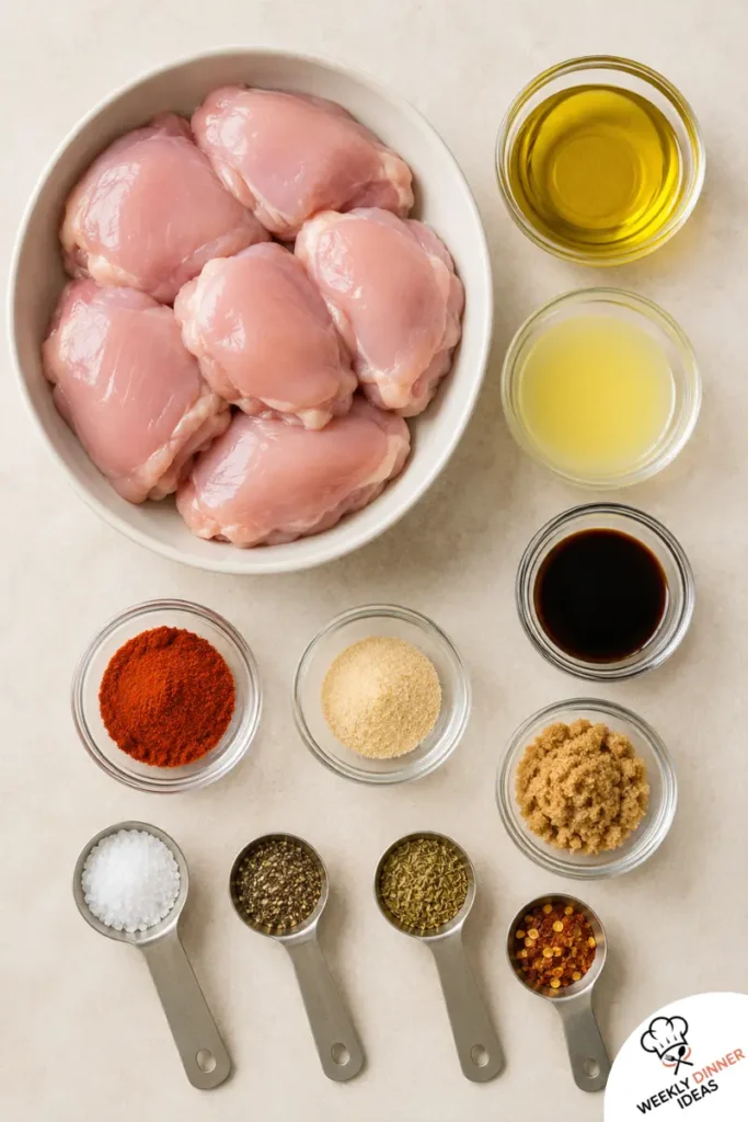 Juicy Grilled Boneless Chicken Thighs Ingredients Ingredients for juicy grilled boneless chicken thighs including chicken thighs, olive oil, lemon juice, soy sauce, smoked paprika, garlic, honey, salt, pepper, herbs, and red pepper flakes.