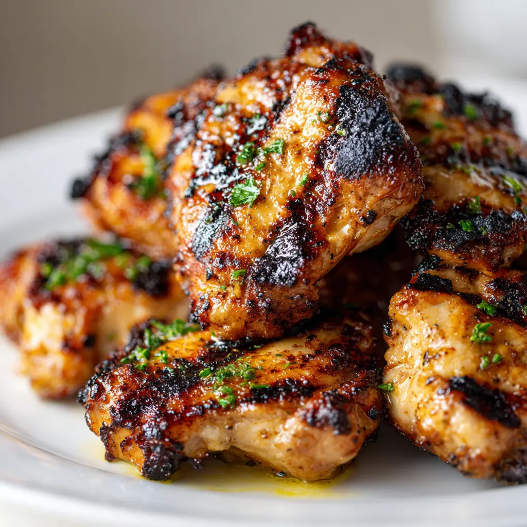 Discover the Ultimate Juicy Grilled Boneless Chicken Thighs Recipe! 1 Square recipe image of juicy grilled boneless chicken thighs with golden grill marks and caramelized edges.