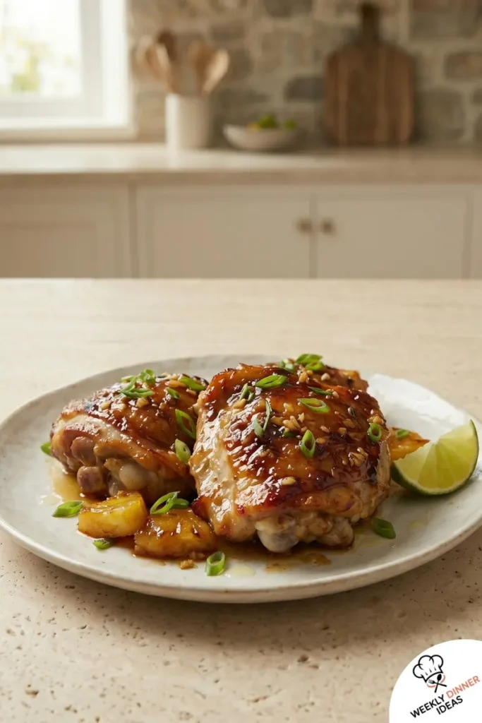 Final plated Baked Pineapple Chicken Thigh Marinade with caramelized glaze and pineapple chunks