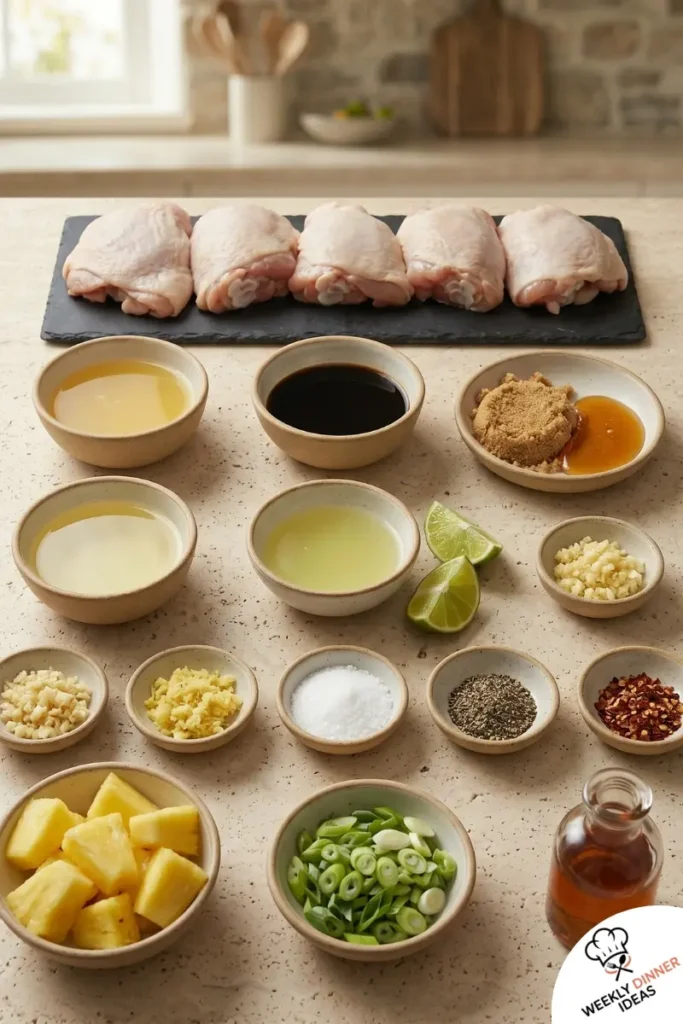 Ingredients for Baked Pineapple Chicken Thigh Marinade including chicken thighs, pineapple juice, soy sauce, lime, garlic, ginger, green onions, and pineapple chunks